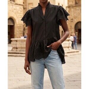 Koko + Mason Black Eyelet Flutter Sleeve High Low Tunic Top Size XS